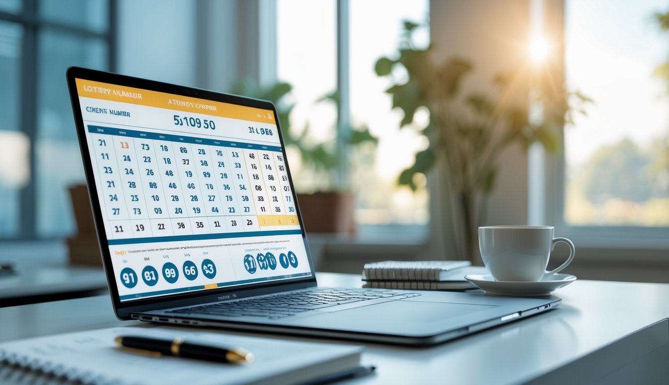 Sebuah meja kerja modern dengan laptop yang menampilkan antarmuka prediksi angka togel, diiringi dengan buku catatan dan cangkir kopi.
