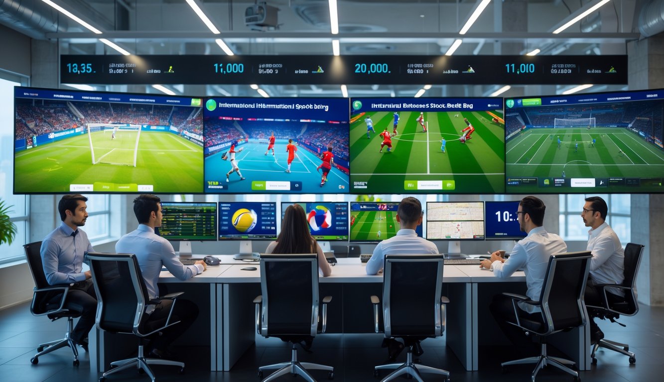 Beberapa orang profesional sedang bekerja di depan beberapa monitor yang menampilkan pertandingan olahraga internasional secara langsung.