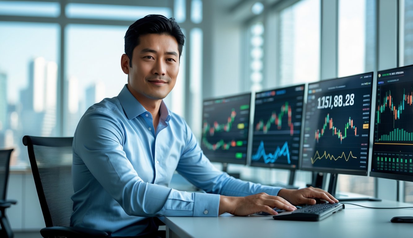 Seorang pria bisnis Asia duduk di kantor modern dengan beberapa layar komputer yang menampilkan grafik dan angka pasar.