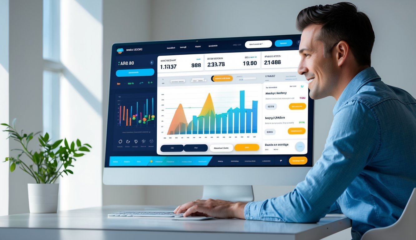 Seseorang menggunakan komputer dengan layar menampilkan antarmuka taruhan olahraga online yang modern dan interaktif.
