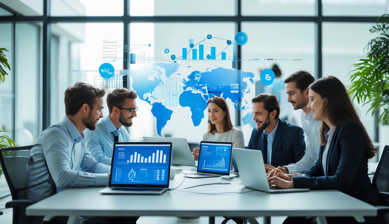 Sekelompok orang bekerja sama di ruang kantor modern dengan laptop dan perangkat digital, menunjukkan suasana kolaborasi dan akses data yang stabil.