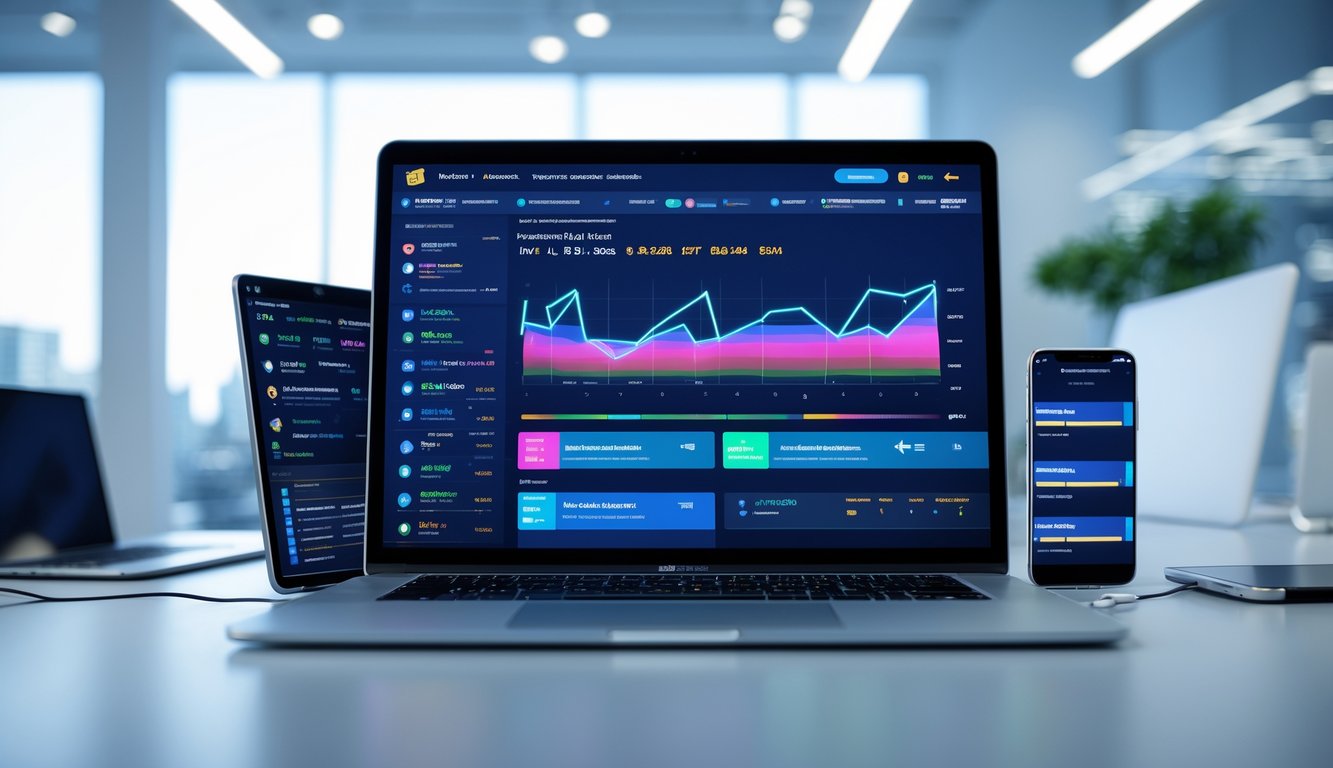 Seorang profesional menggunakan laptop dan perangkat digital lainnya untuk memantau pembaruan acara olahraga secara real-time di ruang kantor modern.