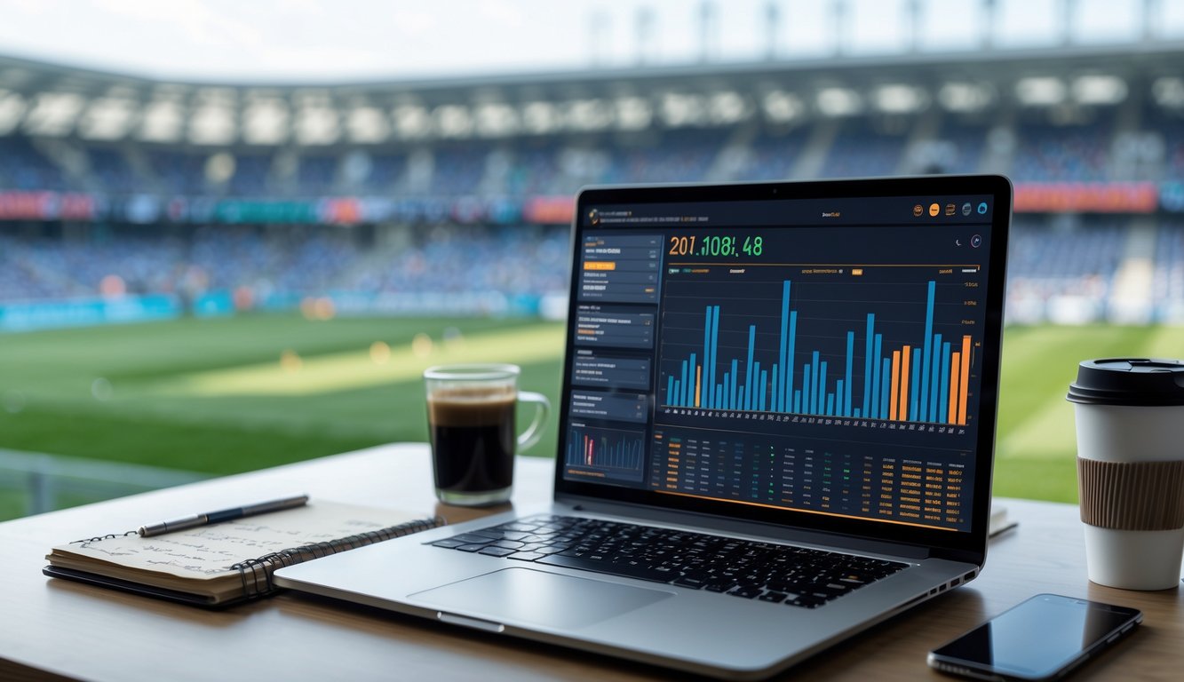 Meja kerja dengan laptop menampilkan statistik olahraga, buku catatan, ponsel dengan pembaruan pertandingan, dan latar belakang stadion sepak bola.