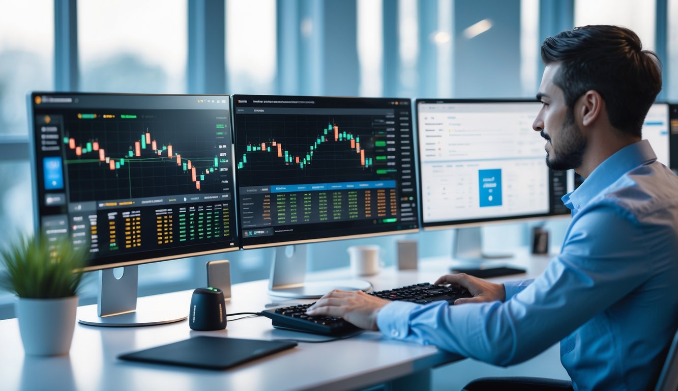 Sebuah ruang kerja digital modern dengan komputer dan beberapa layar menampilkan grafik olahraga dan antarmuka taruhan, menunjukkan integrasi platform yang stabil.