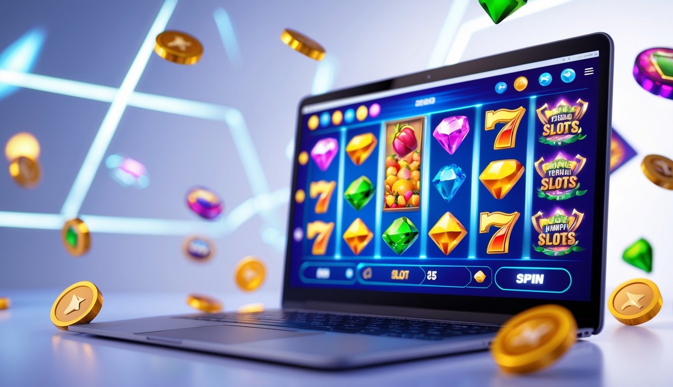 Layar komputer menampilkan permainan slot online dengan ikon warna-warni dan latar belakang cerah yang menggambarkan koleksi game pilihan.