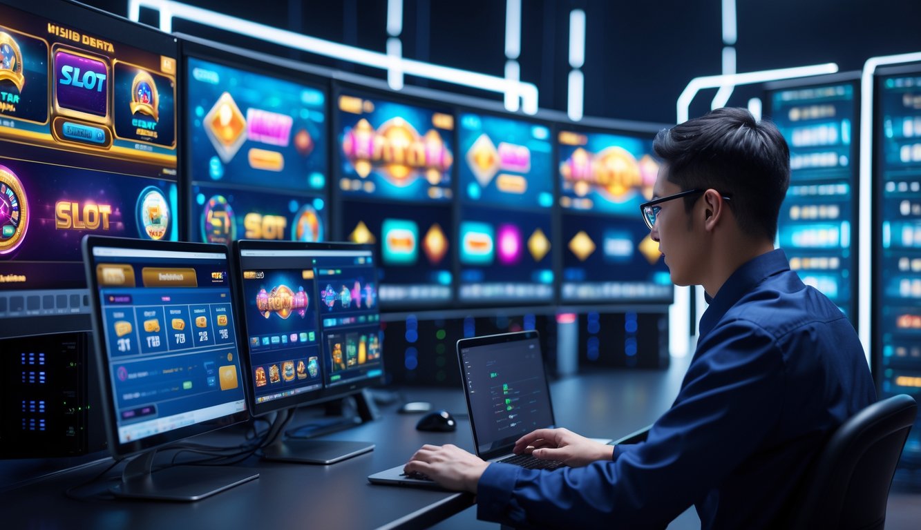 Seorang teknisi memantau performa server di ruang kontrol dengan beberapa layar menampilkan permainan slot online yang berwarna-warni.