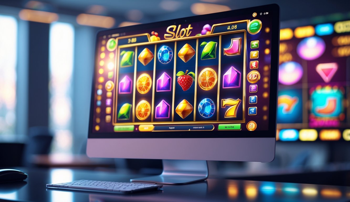 Layar komputer menampilkan permainan slot online dengan grafis warna-warni dan simbol menarik di ruangan yang terang.