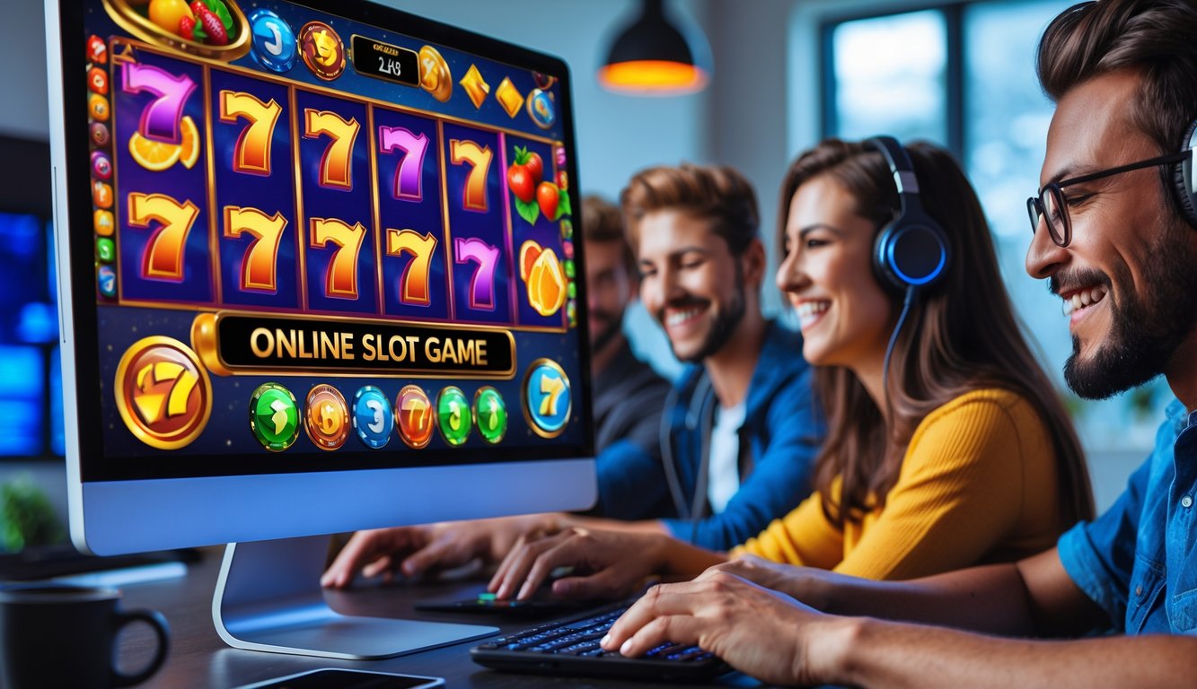 Orang-orang sedang bermain game slot online interaktif di depan komputer di sebuah ruangan modern.