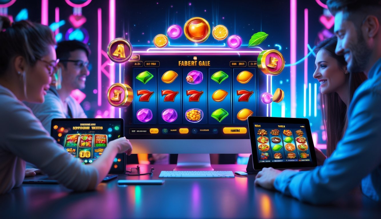 Beberapa orang bermain permainan slot online dengan berbagai tema game yang berwarna-warni di layar perangkat mereka.