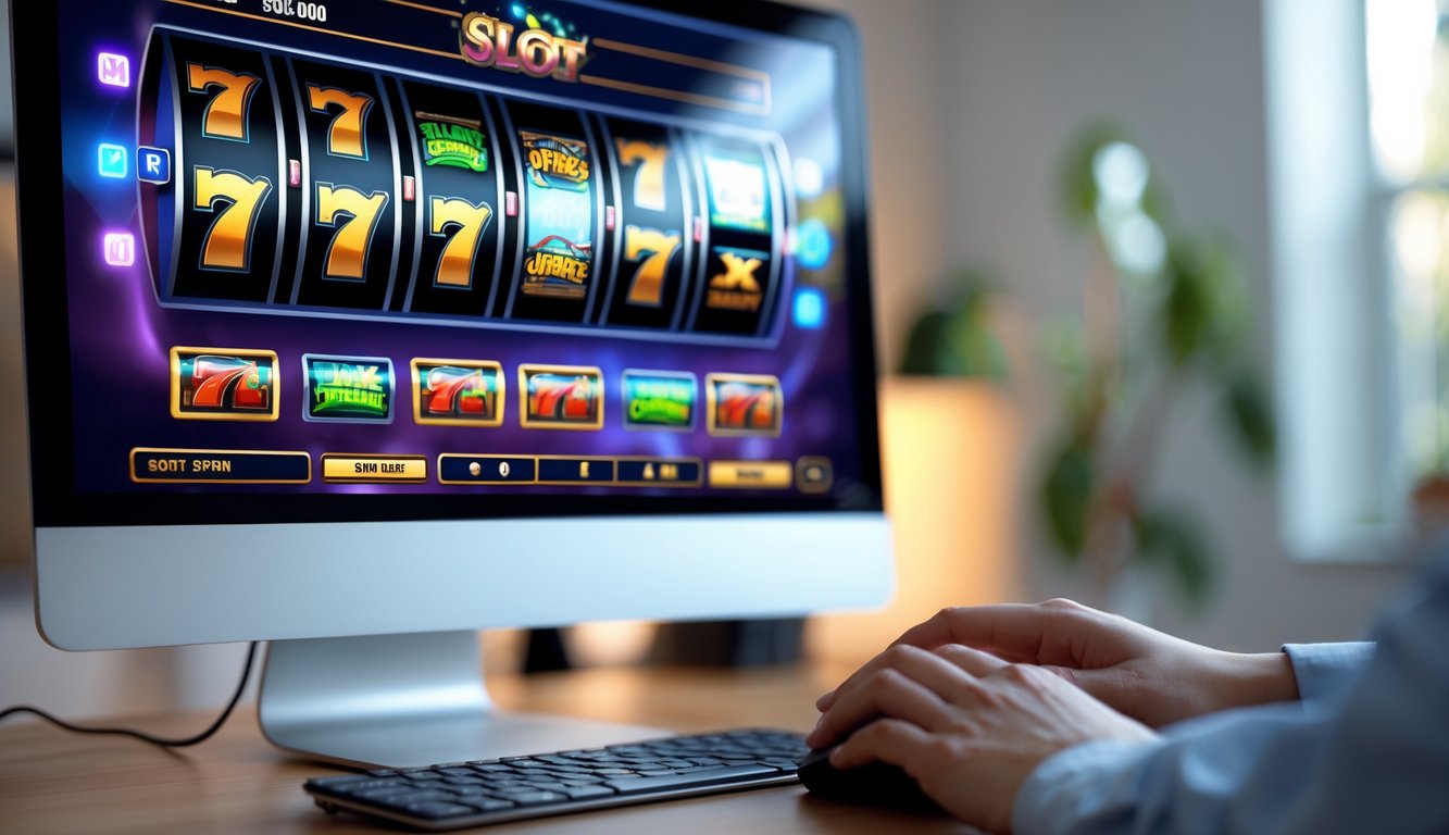 Seseorang menggunakan komputer dengan tampilan mesin slot online yang sedang berputar di layar.
