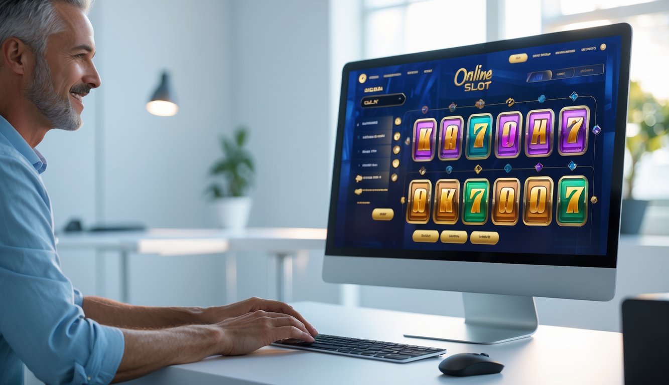 Seseorang sedang menggunakan komputer dengan tampilan permainan slot online di layar dalam ruangan kantor yang terang dan rapi.