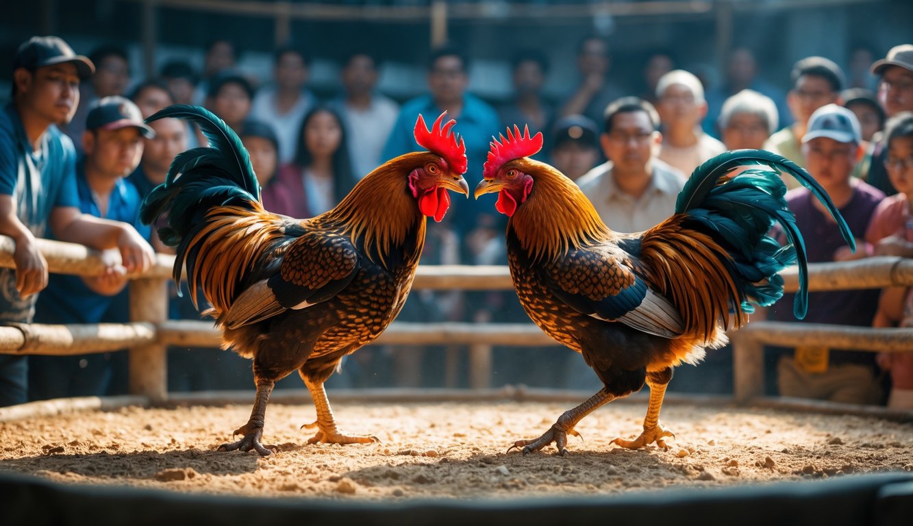 Dua ayam jago sedang bertarung di arena dengan sekelompok orang menonton di sekitarnya, suasana penuh semangat dan fokus.