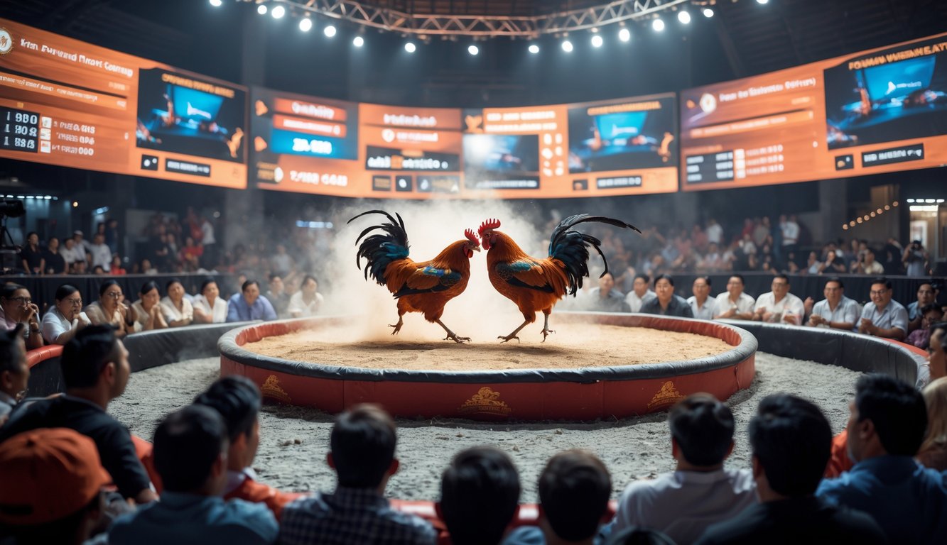 Arena sabung ayam dengan dua ayam bertarung di tengah dan penonton yang menyaksikan pertandingan secara langsung.