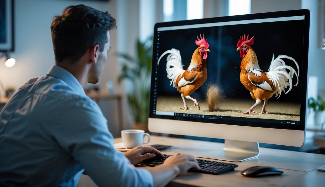 Seseorang menonton pertandingan sabung ayam secara online di depan komputer dengan gambar pertandingan yang jelas di layar.
