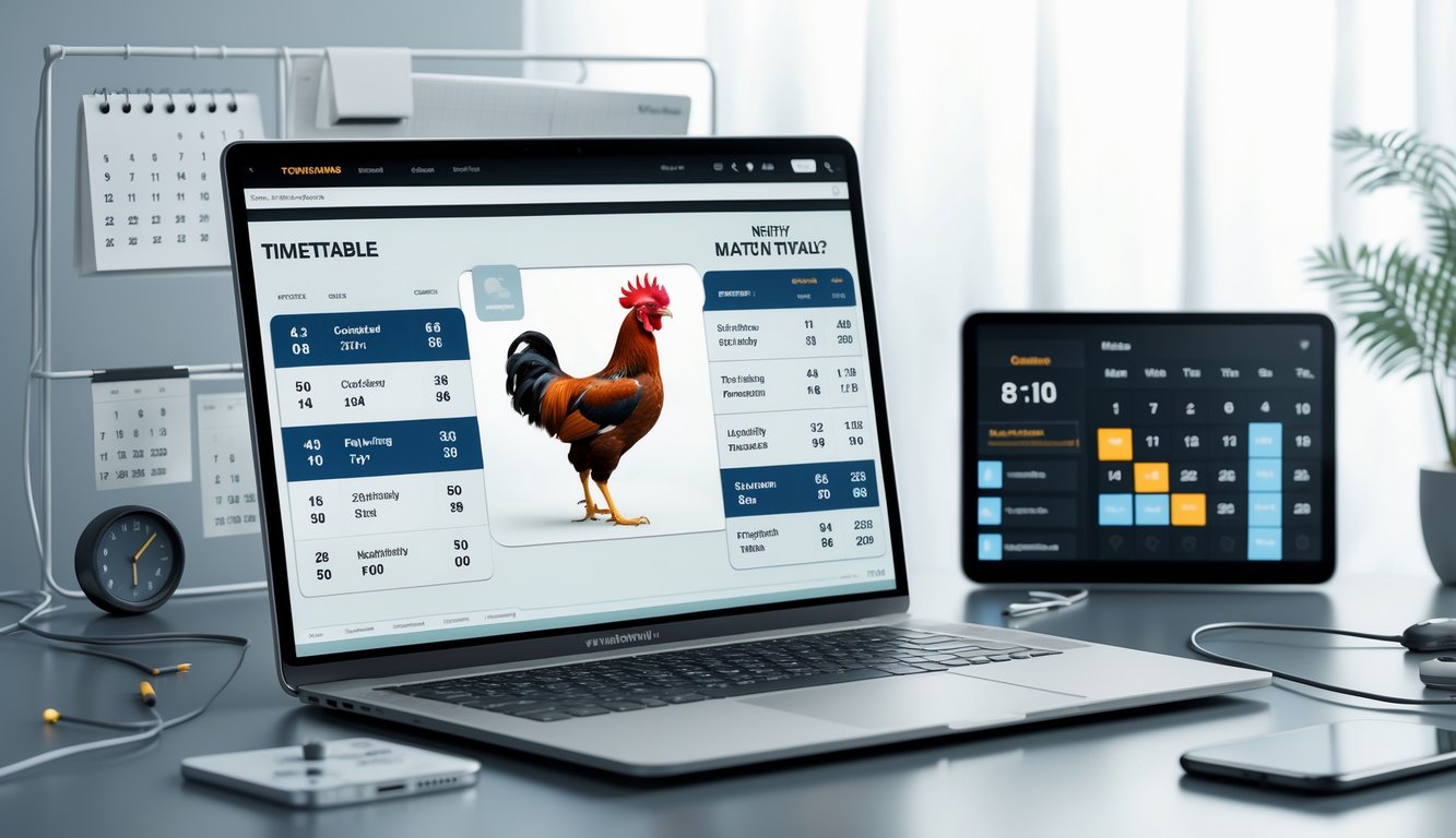 Layar laptop menampilkan jadwal pertandingan sabung ayam online dengan perangkat teknologi di sekitarnya.