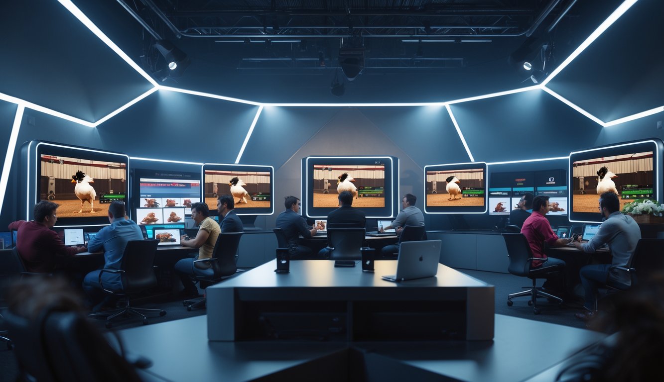 Orang-orang sedang menonton pertandingan sabung ayam secara online di ruangan dengan beberapa layar dan perangkat digital.