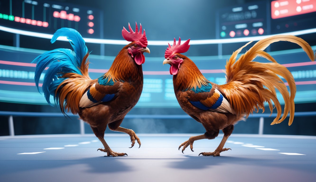 Dua ayam jago berwarna-warni sedang bertarung di arena digital dengan latar belakang elemen antarmuka teknologi yang menandakan sistem pertandingan online yang stabil.