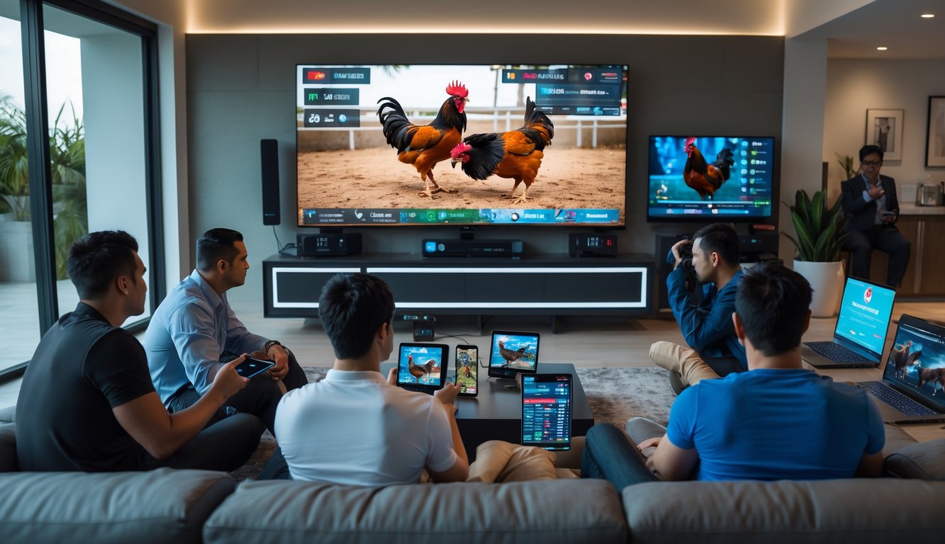 Orang-orang menonton pertandingan sabung ayam secara online di ruang tamu modern dengan layar besar dan perangkat teknologi.