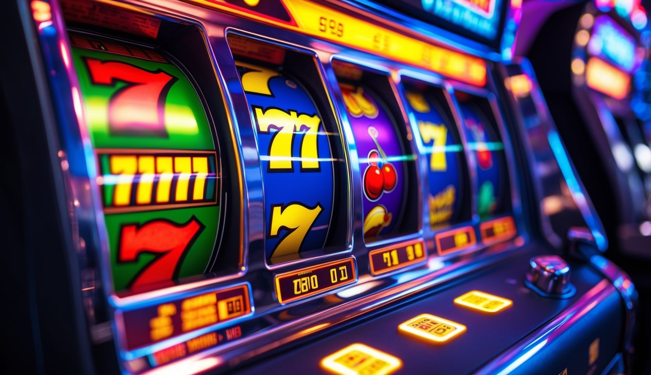 Mesin slot modern dengan lampu warna-warni dan pola putaran yang sedang menang.