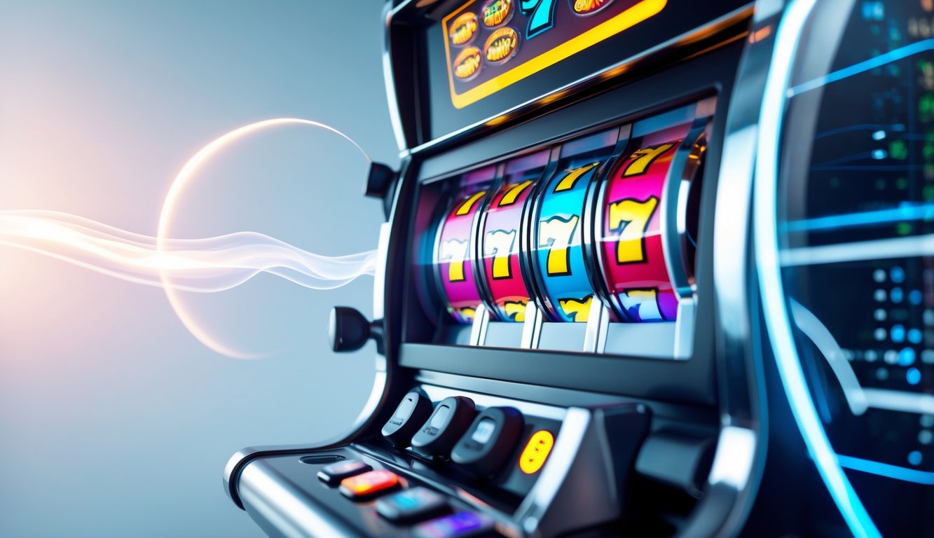 Mesin slot modern dengan gulungan berwarna-warni yang sedang berputar, menunjukkan performa yang dinamis dan konsisten.