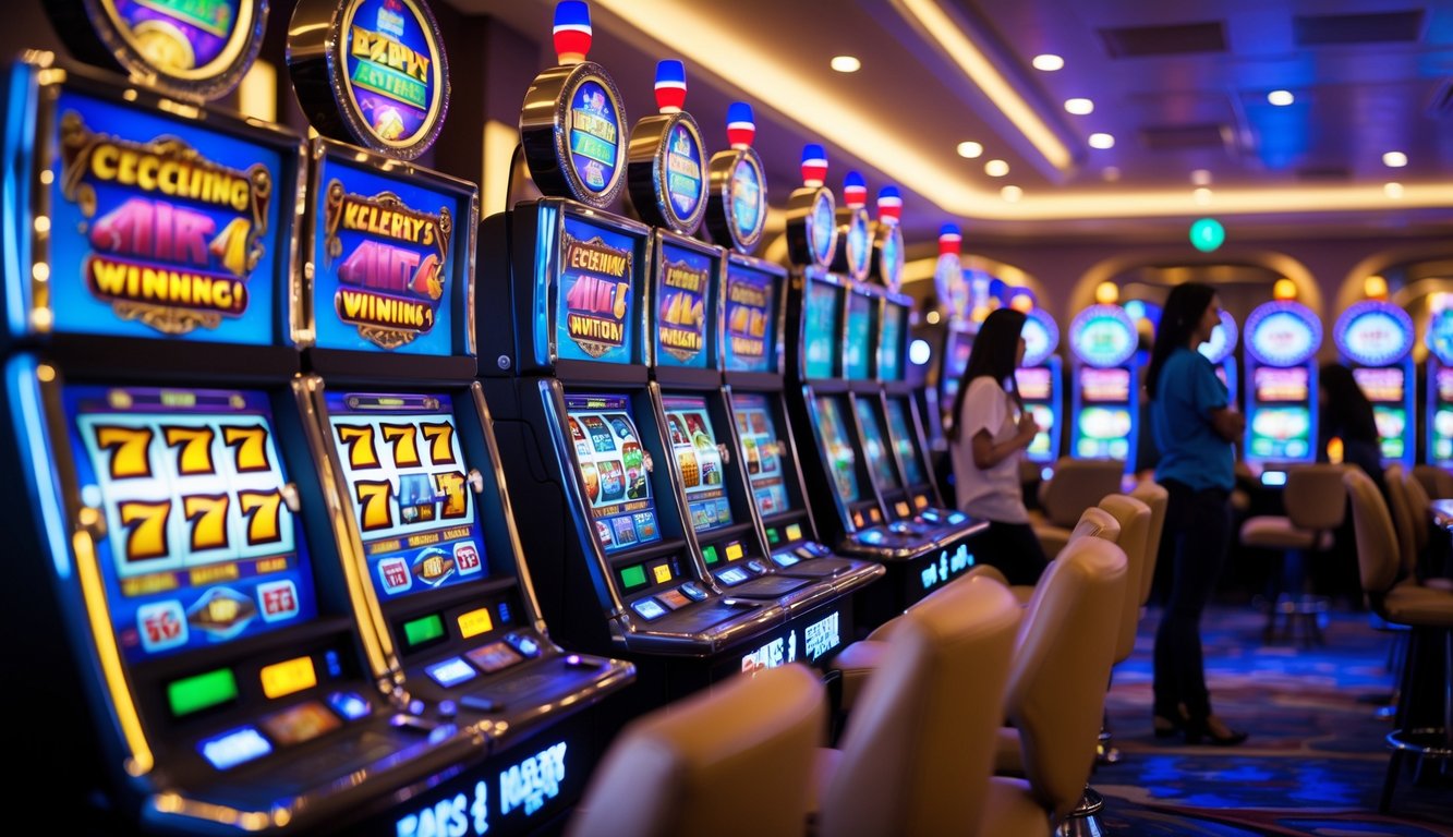 Suasana kasino dengan mesin slot modern yang menyala dan pemain yang terlihat menikmati permainan dengan ekspresi percaya diri.