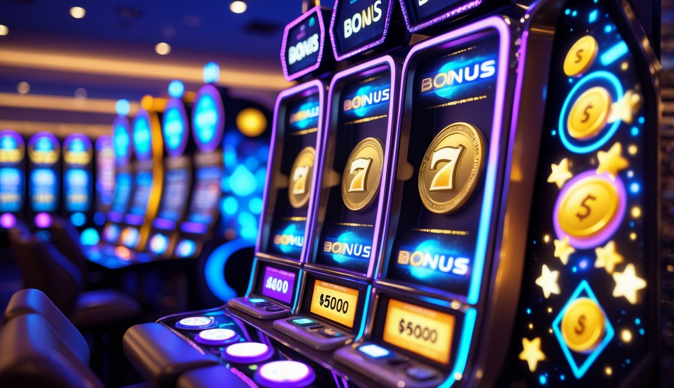 Mesin slot modern dengan lampu warna-warni dan efek visual yang menunjukkan bonus berkelanjutan di latar kasino.