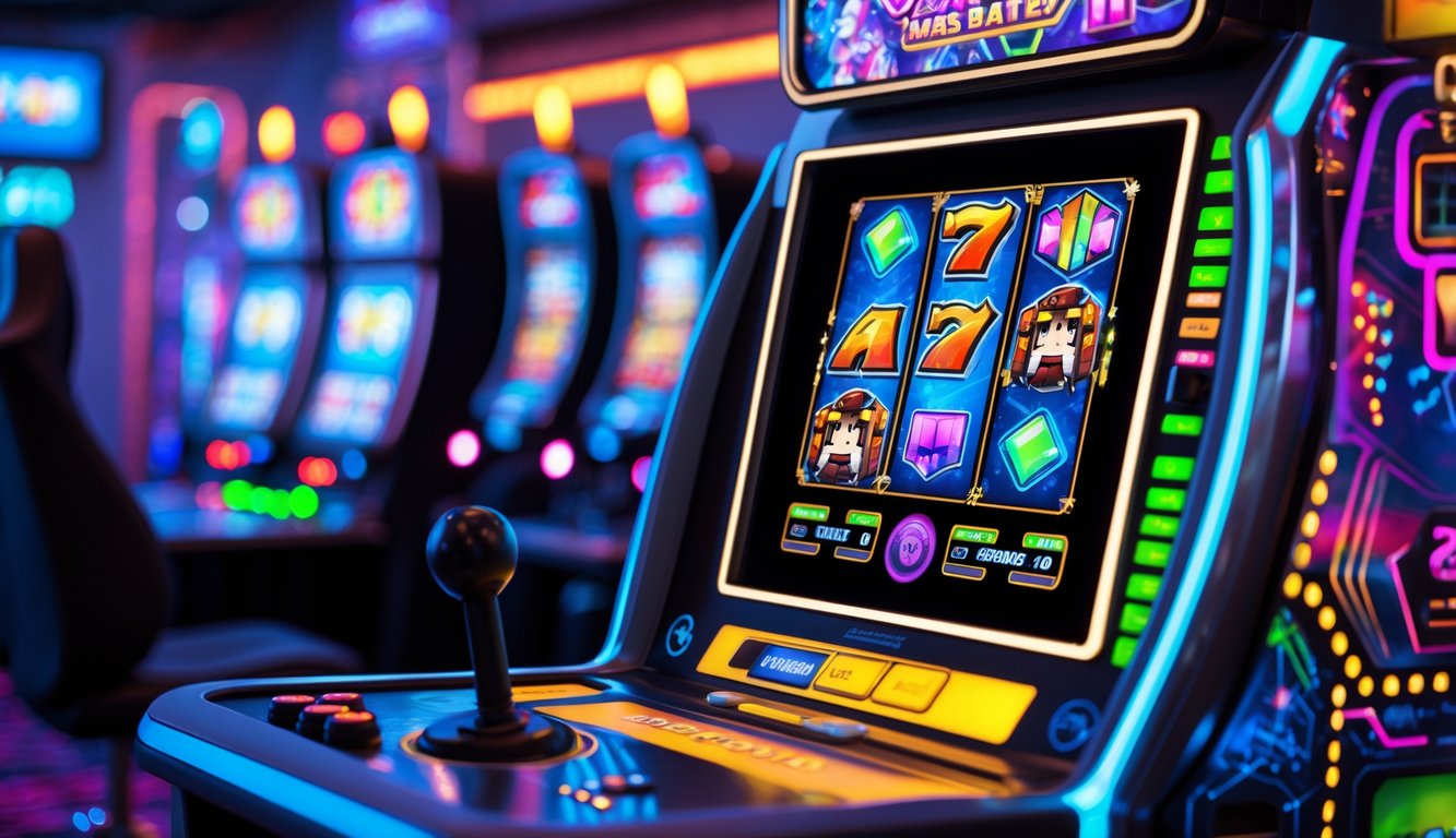 Mesin slot modern dengan simbol warna-warni yang terinspirasi dari ikon permainan populer, berada di dalam suasana kasino yang terang dan hidup.