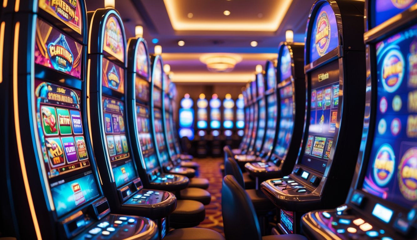 Baris mesin slot berwarna-warni di kasino modern dengan pencahayaan hangat dan suasana yang hidup.