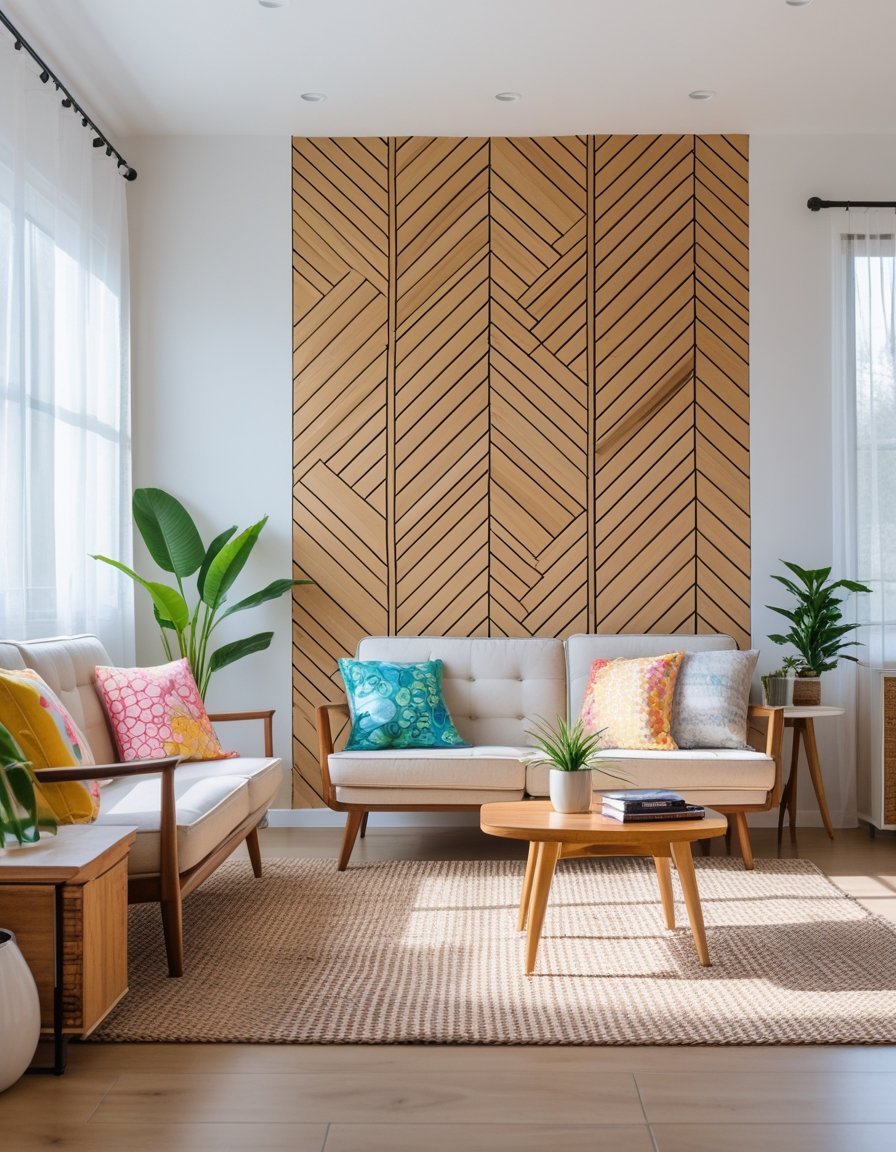 A living room with a new wooden geometric accent wall, a sofa with colorful pillows, a coffee table with decor, and large windows letting in natural light.