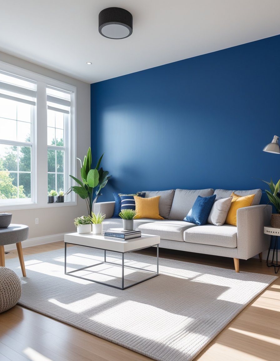 A modern living room with a freshly painted bold accent wall, a sofa, coffee table, and natural light coming through large windows.