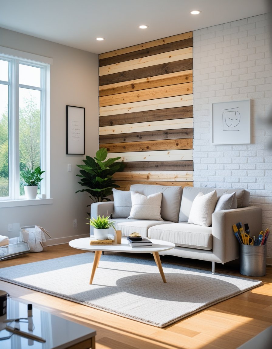 A well-lit living room with a newly finished accent wall made of wood panels and white brick, featuring modern furniture and natural daylight.