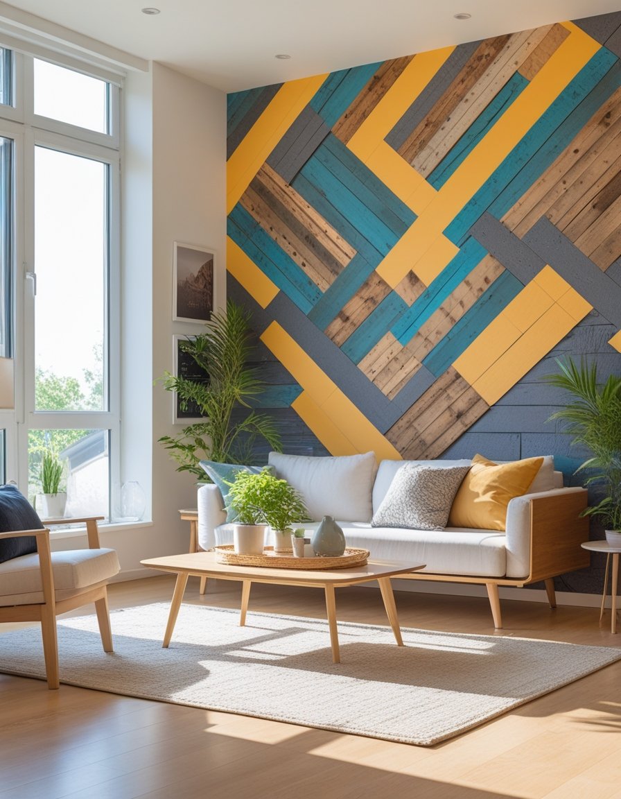 A modern living room with a distinctive accent wall, comfortable furniture, and natural light coming through large windows.
