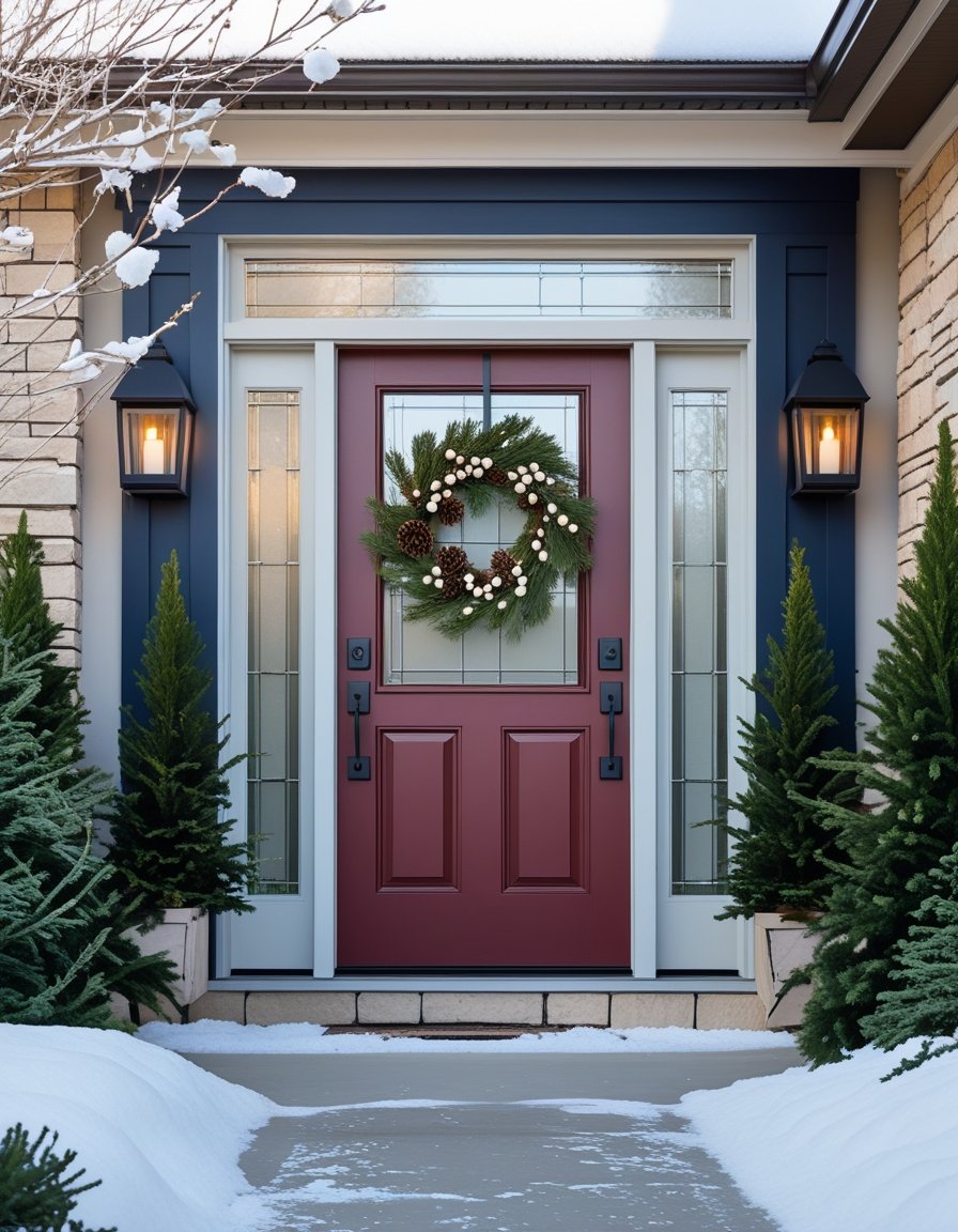 A front door decorated for winter with a wreath, lantern lights, snow on the ground, and evergreen shrubs around the entrance.