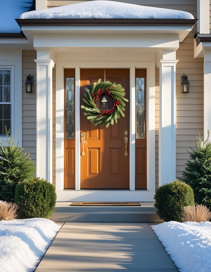 A snowy residential front entrance with a decorated front door and winter landscaping.