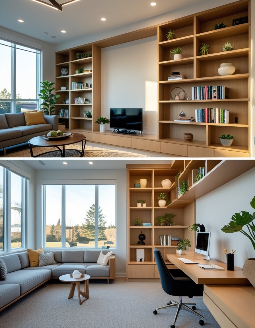 A living room and home office with built-in wooden shelves filled with books and decor, a sofa, a desk with a laptop, and large windows letting in natural light.