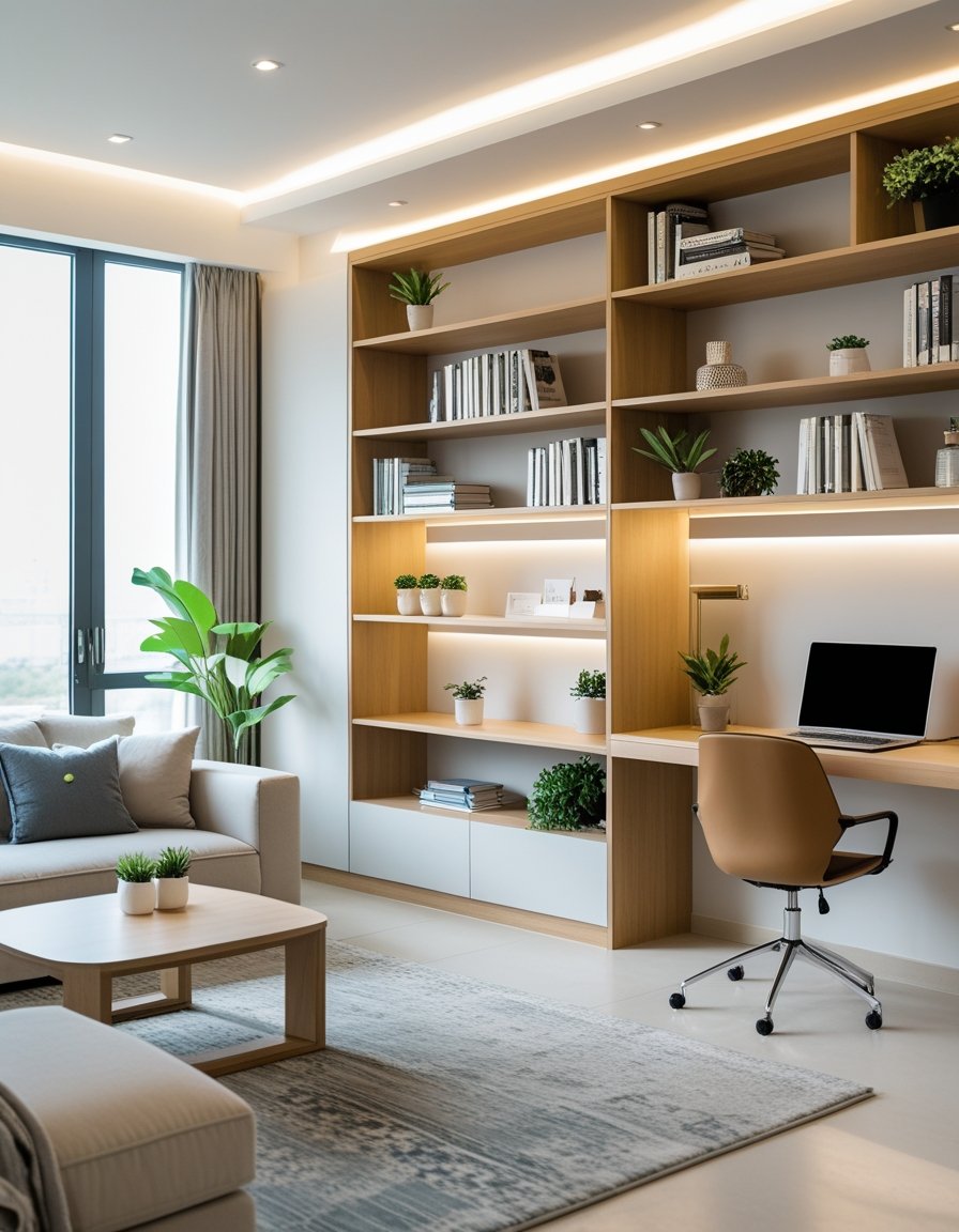 A living room and home office area with built-in shelving filled with books, plants, and decorative items, featuring a sofa, desk, and natural light.