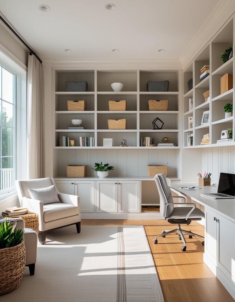 A living room and home office area with built-in shelves filled with books and decor, a desk with a laptop, and a comfortable chair near large windows.