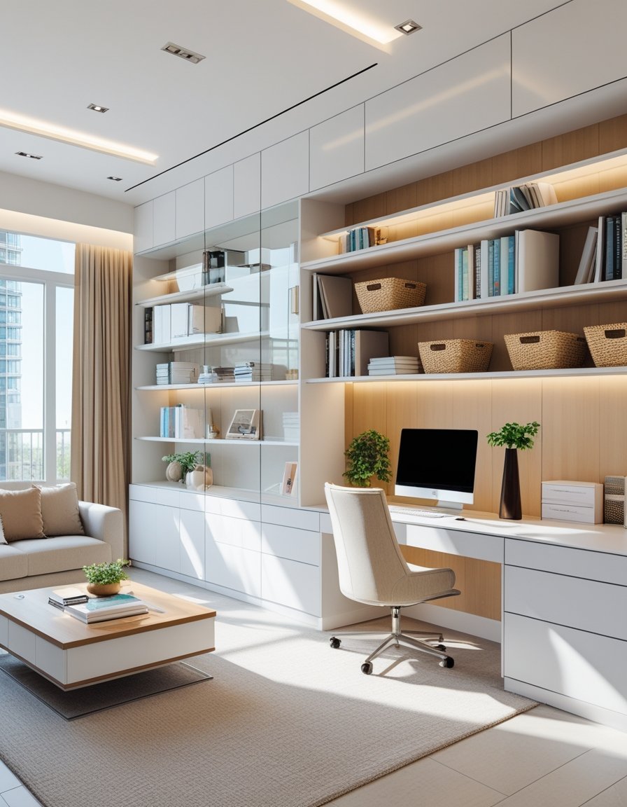 A bright living room and home office featuring built-in shelves filled with books and decor, a sofa, a desk with a laptop, and large windows letting in natural light.
