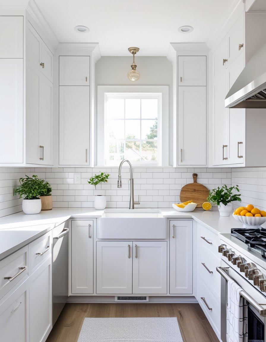 A bright kitchen with freshly painted white cabinets, updated handles, and a clean countertop with decorative items.