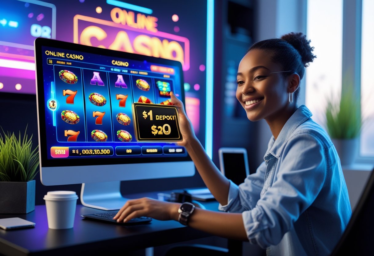 A person using a laptop showing an online casino game interface with a $1 deposit in a bright home office.