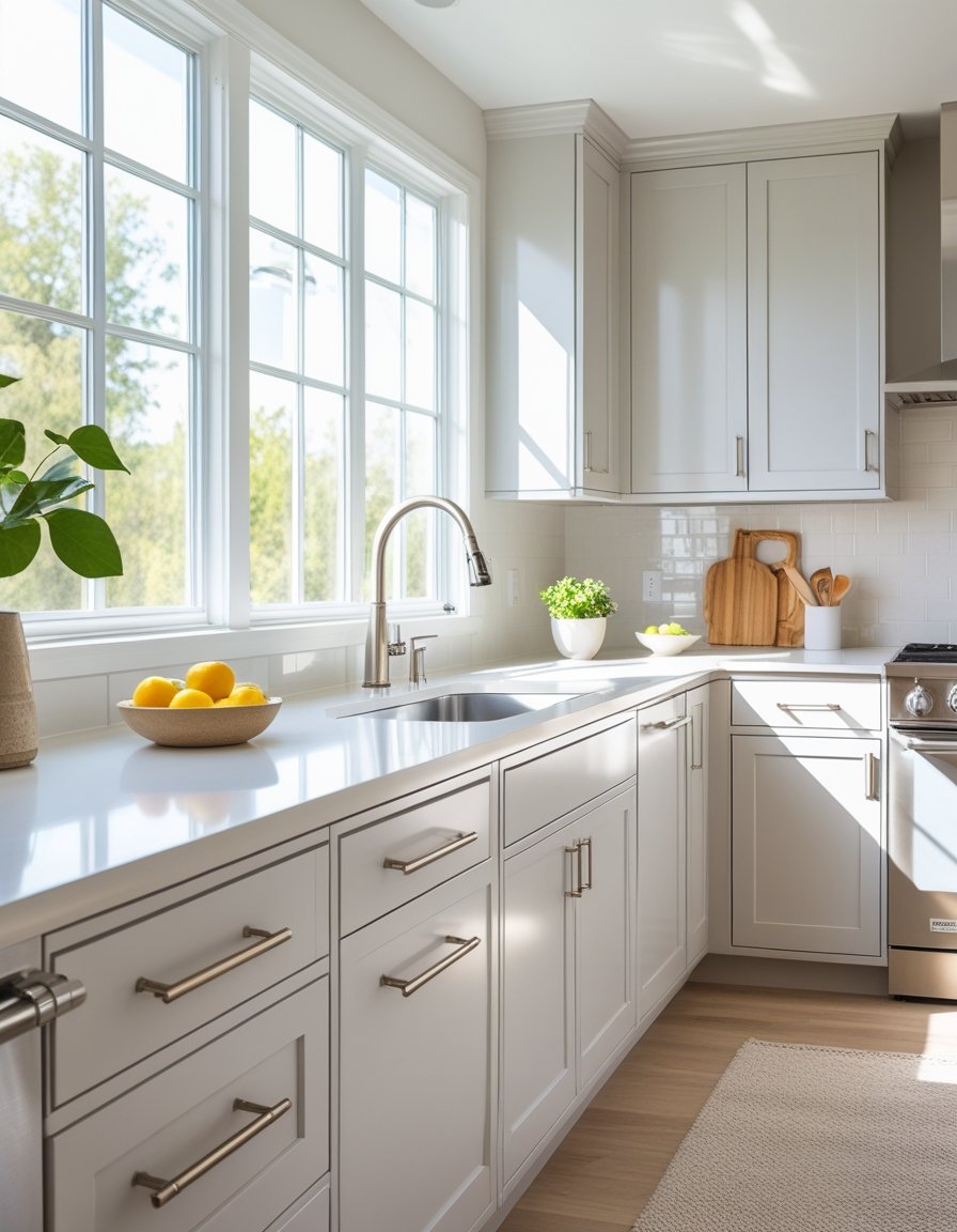A bright kitchen with freshly painted cabinets, clean countertops, and modern appliances.