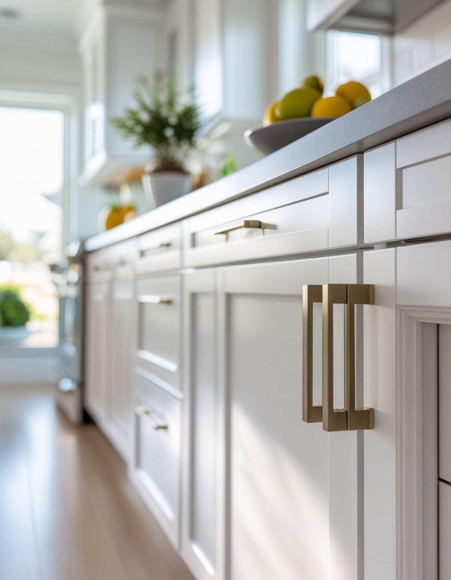 Close-up of a modern kitchen with updated cabinet doors and new metal handles, showing part of the countertop with a plant and fruit bowl.