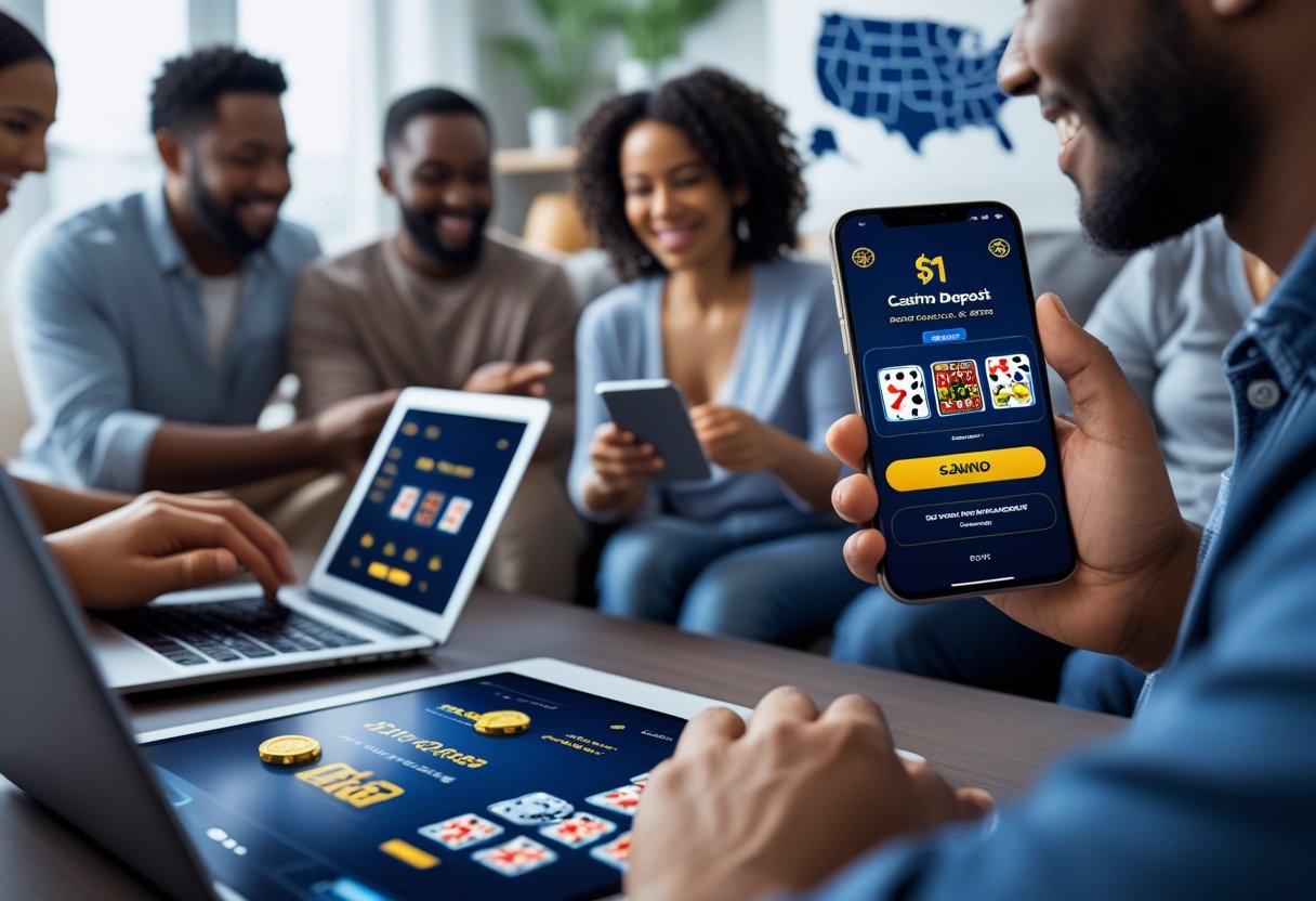 A person holding a smartphone showing an online casino app with a $1 deposit option, surrounded by people using laptops and tablets at home, with subtle American-themed decor in the background.
