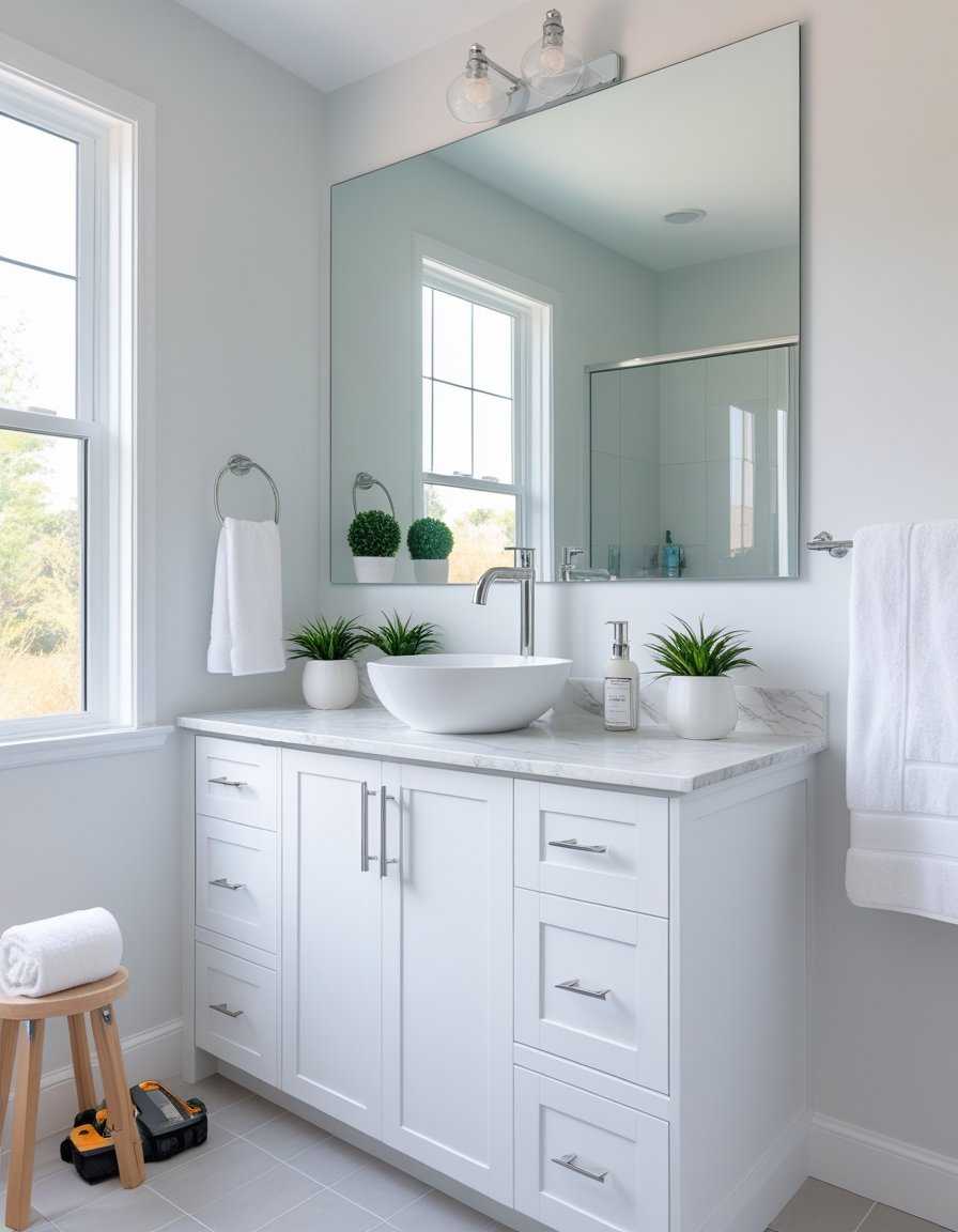 A bathroom with a newly upgraded white vanity, marble countertop, vessel sink, and natural light coming through a window.