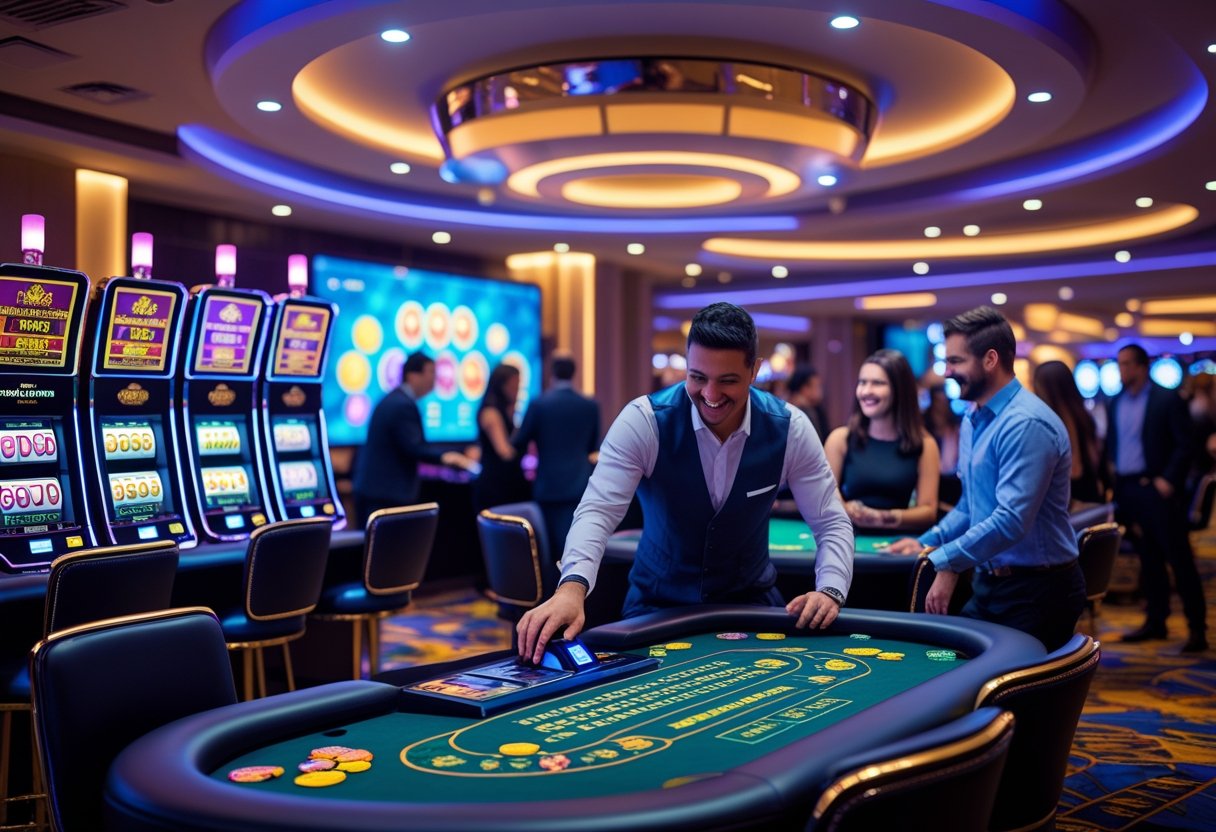 People playing casino slot machines and poker tables in a bright, modern casino setting.