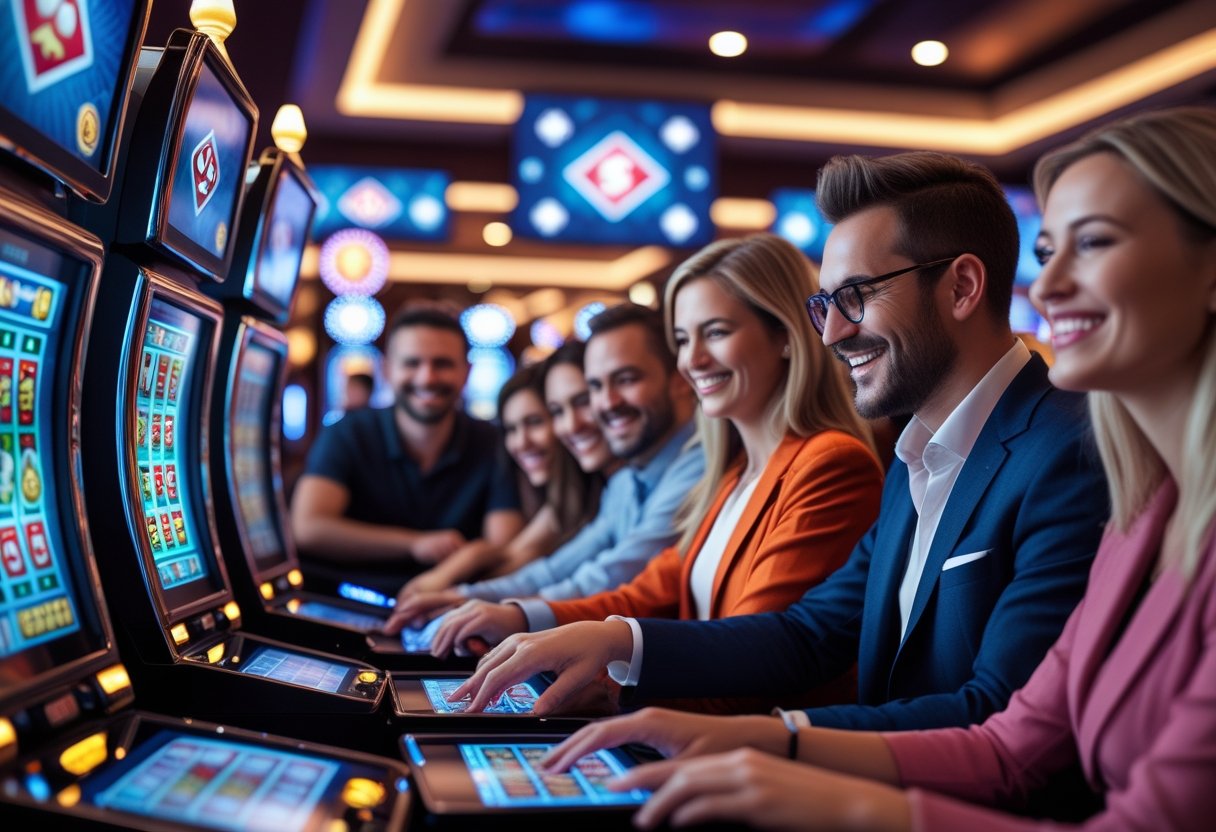 A group of adults playing digital casino games on touchscreen devices in a vibrant casino setting with glowing virtual chips and currency symbols.