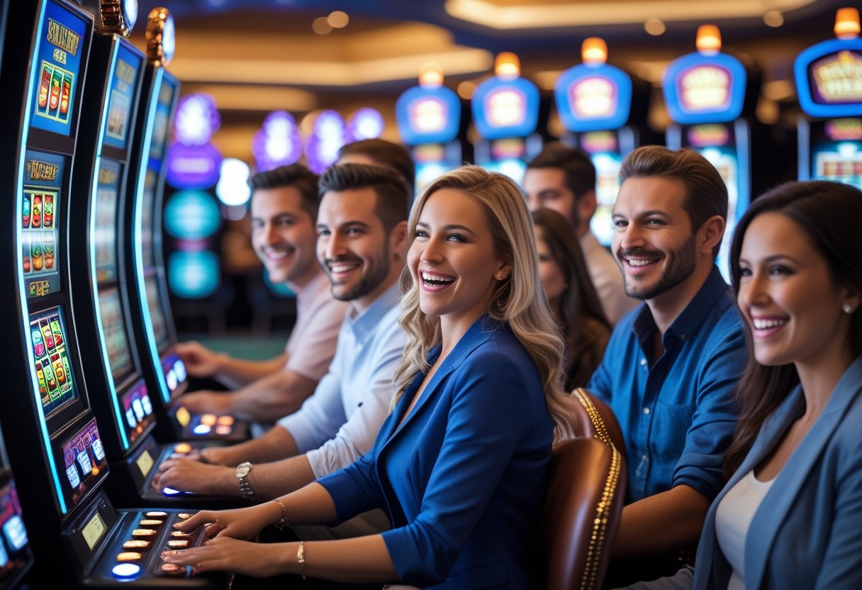 A group of people playing slot machines in a brightly lit casino with colorful reels and chips.