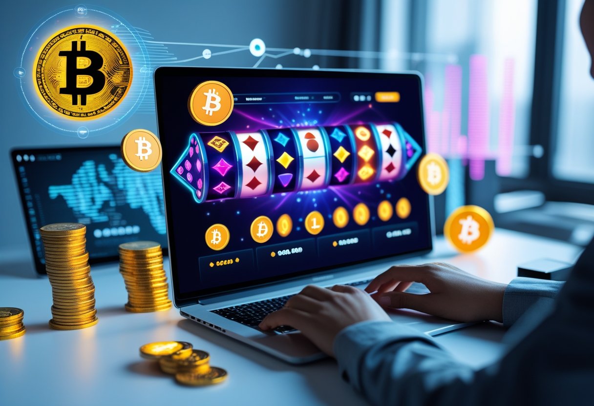 A person using a laptop showing an online crypto casino interface with digital cryptocurrency symbols around.