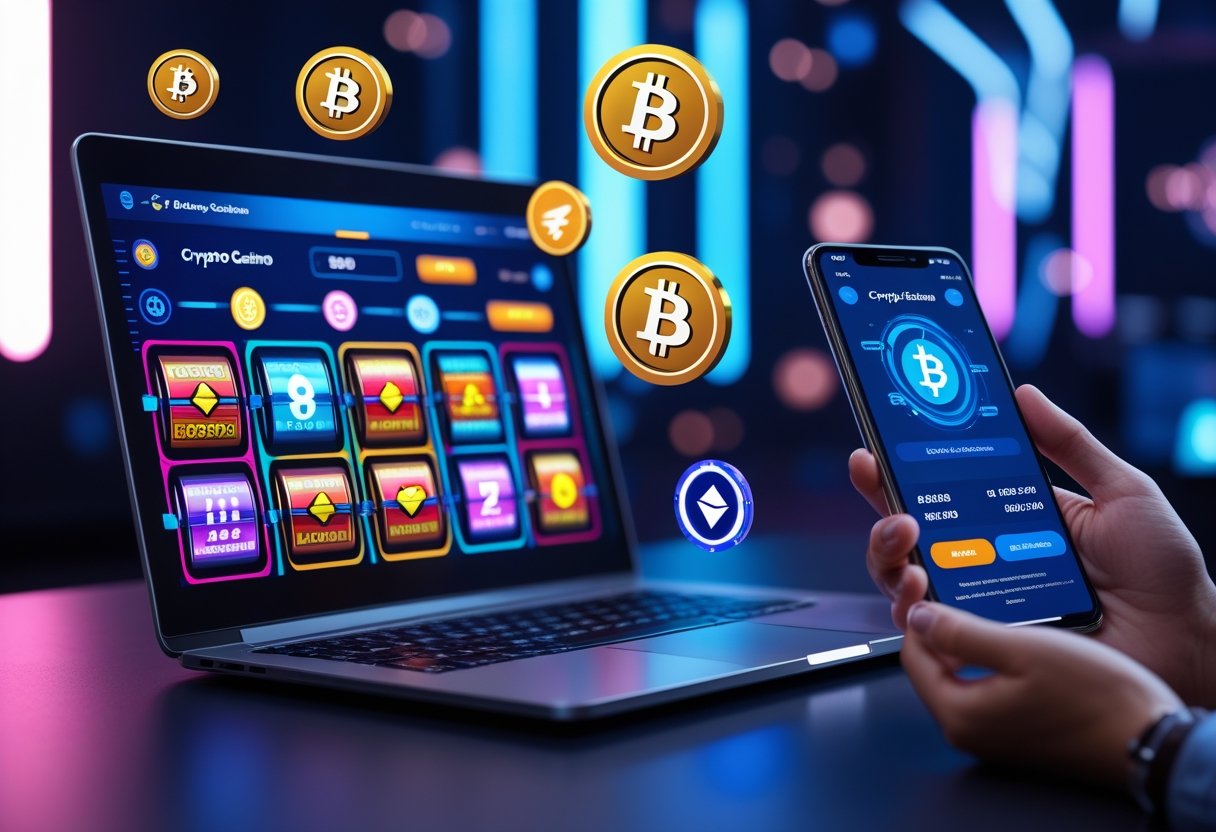 A person using a laptop and smartphone displaying cryptocurrency symbols and an online casino interface.