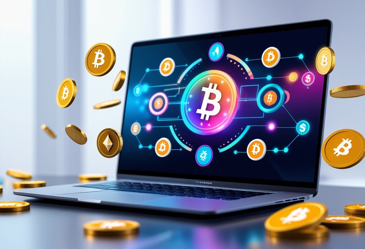 A laptop displaying cryptocurrency icons and digital casino elements with floating coins and chips around it.